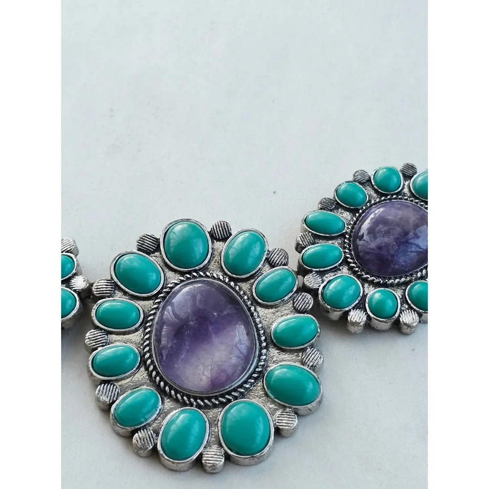 Southwestern Amethyst Magnesite Turquoise Silver Tone Boho Statement Necklace